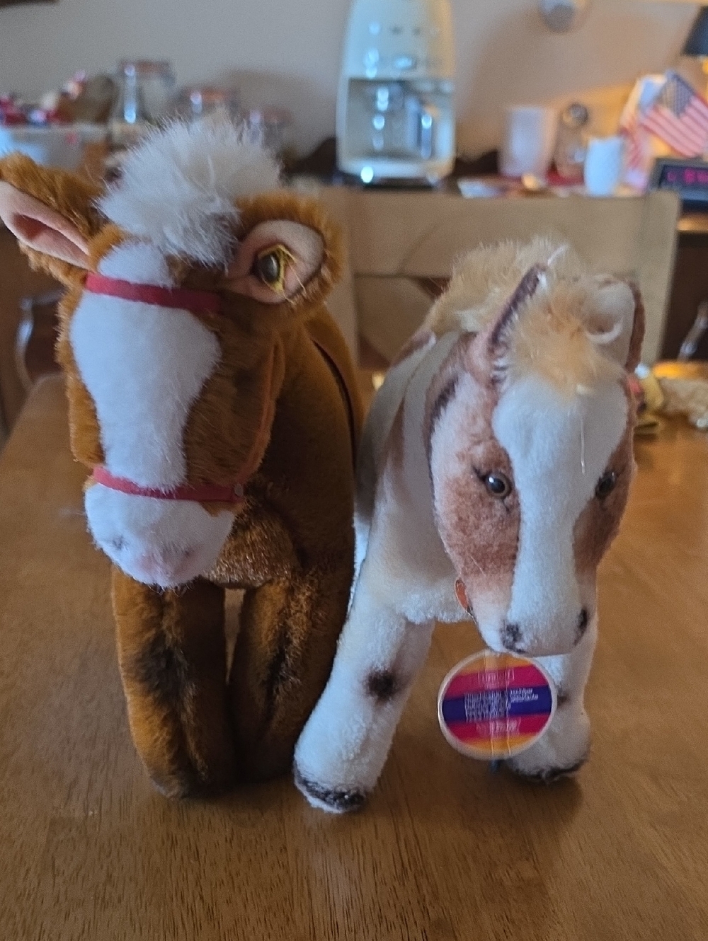 2 Steiff Plush Toy Ponies - Brown one and a White Plush Horse